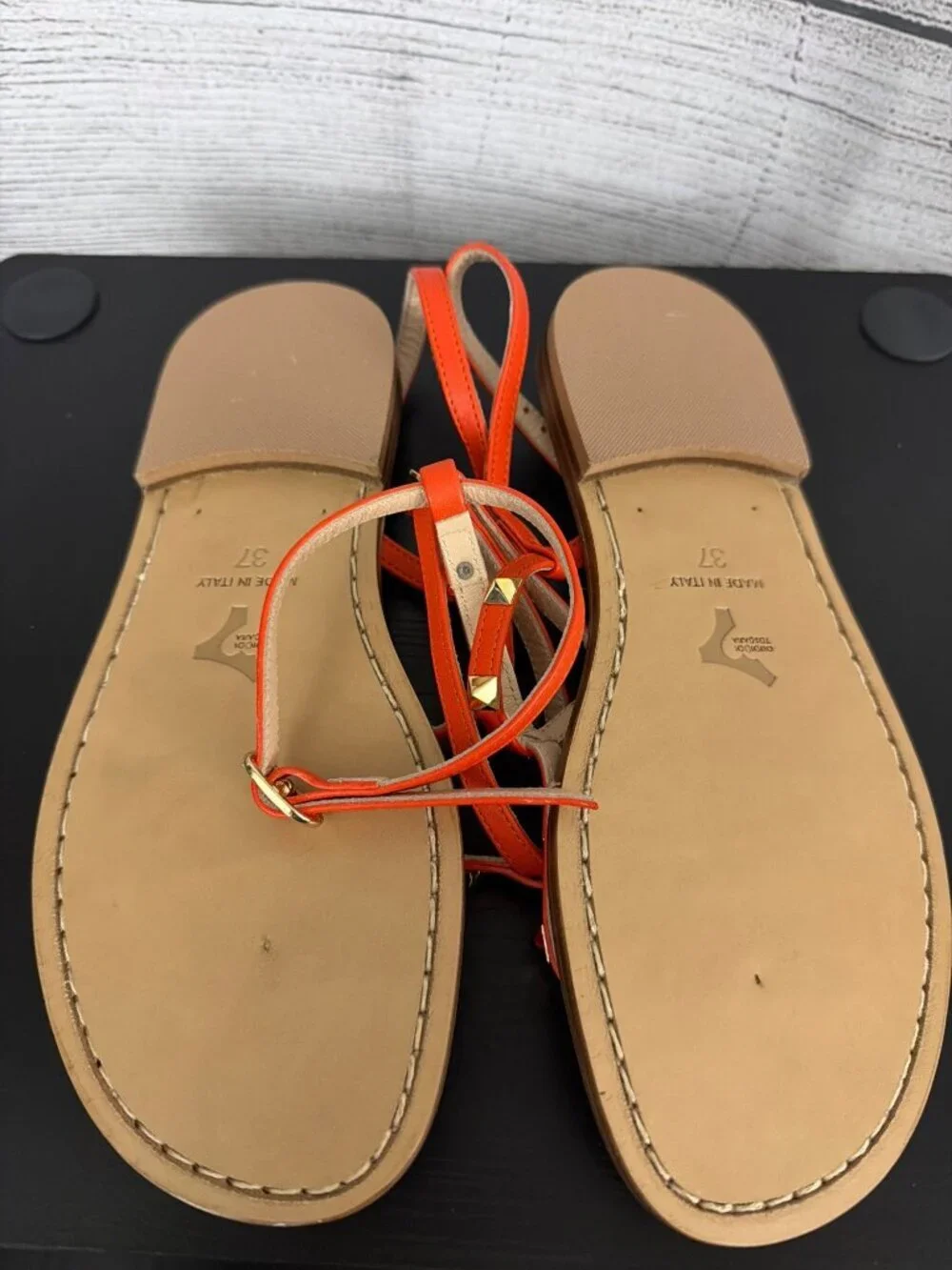 Il Sandalo Caprese Le Salentine Vacchetta Orange Leather Studded Flat Sandals Si
